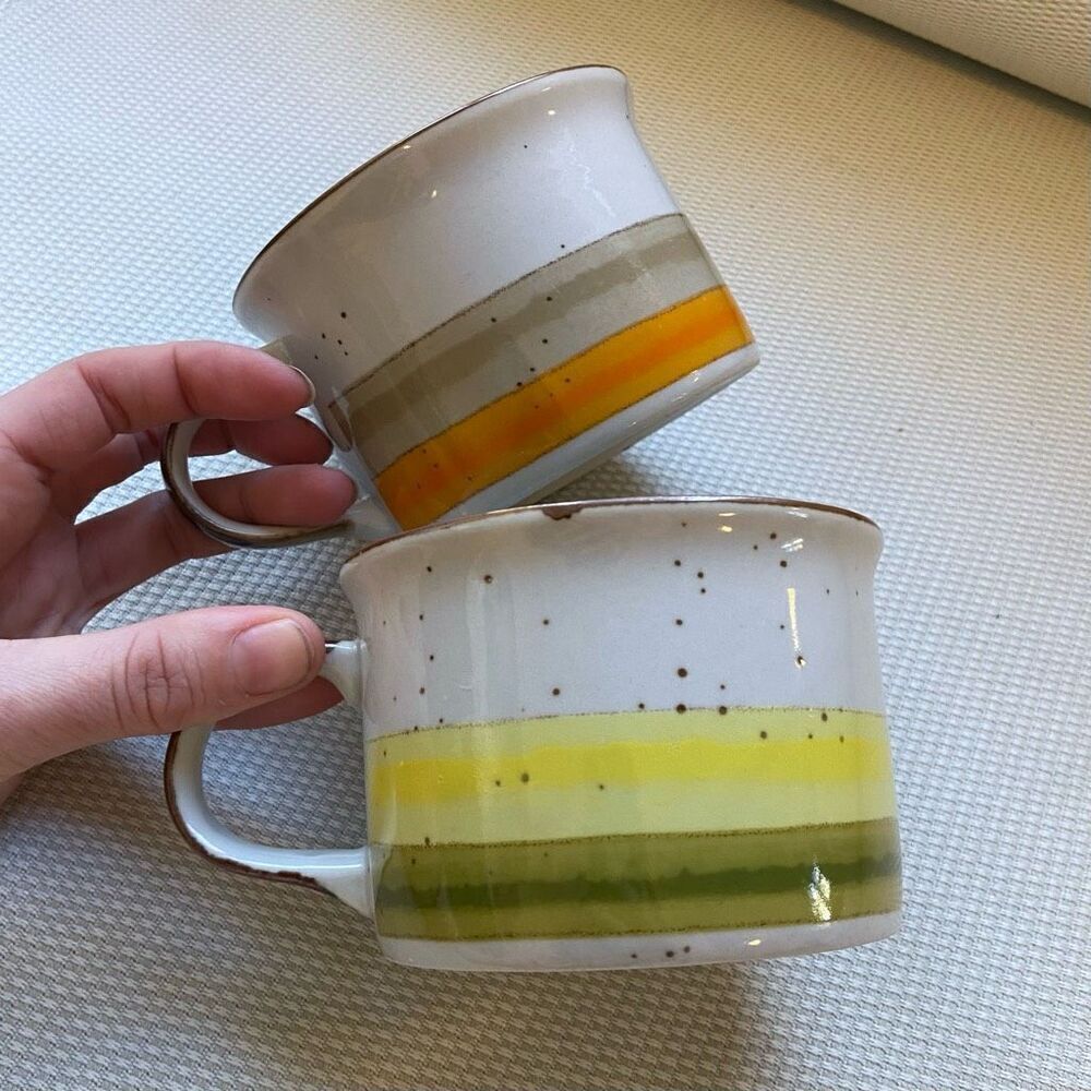 Pair of Vintage 70s Lunch Mates Sunset and Sunrise Stoneware Soup Mugs